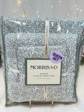 The Original Morris & Co. 4 Pc Queen Sheet Set Green Willow Leaf Luxury Cotton